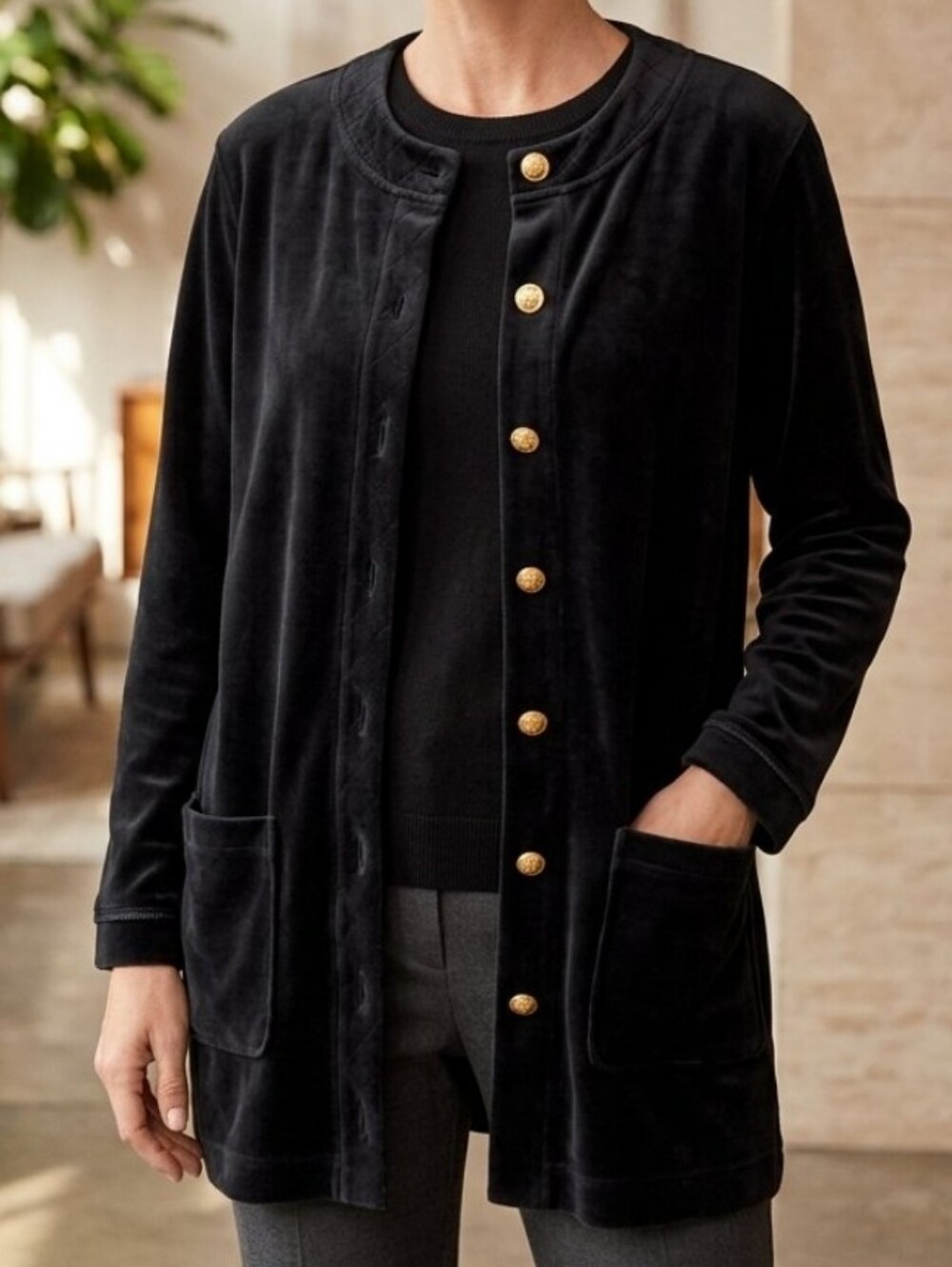 Talbots Vintage Black Velvet Cardigan Jacket with Gold Buttons sz S